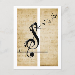 Carte Postale Treble Clef Bird Notes musicales Partition Vintage
