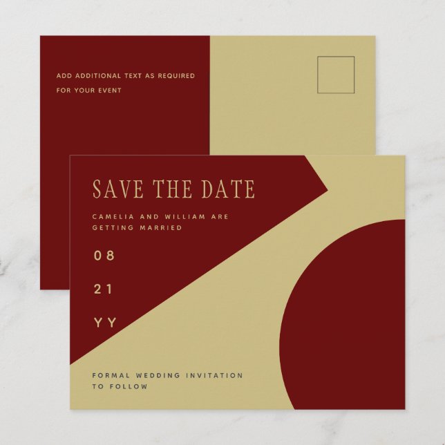 Carte Postale Trending Burgundy Gold Wedding ENREGISTRER LA DATE (Devant / Derrière)