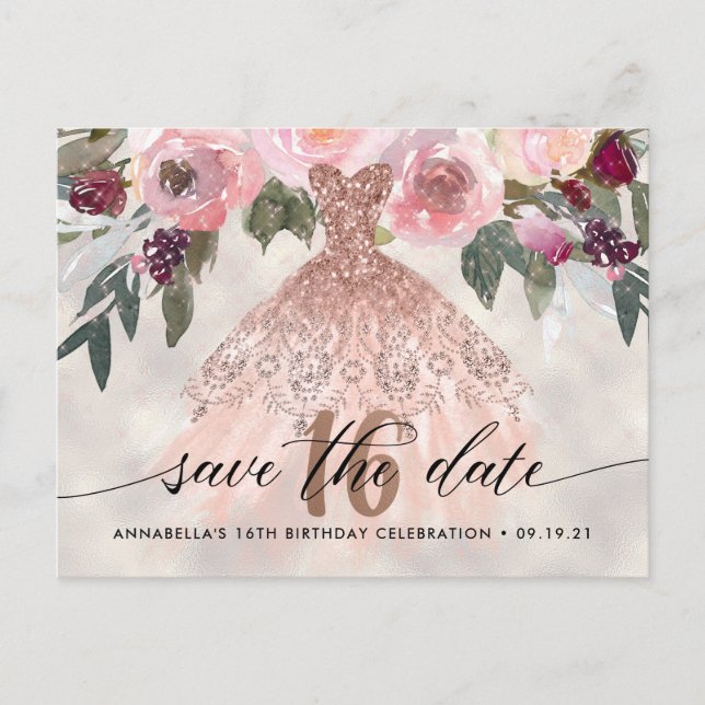 Carte Postale Trendy Floral Photo Sweet 16 Enregistrer La Date (Devant)