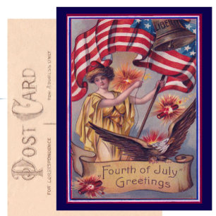 Carte Postale Très Vintage 4 Juillet Patriotique Lady Liberty