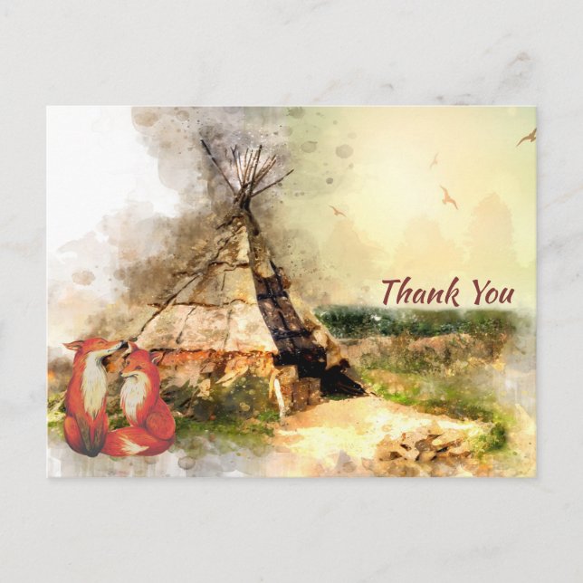 Carte Postale Tribal Tipi, renards et flèche du coeur Boho Merci (Devant)