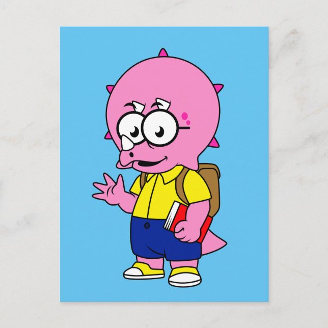 Carte Postale Triceratops Nerd avec sac à dos et manuel. (Devant)