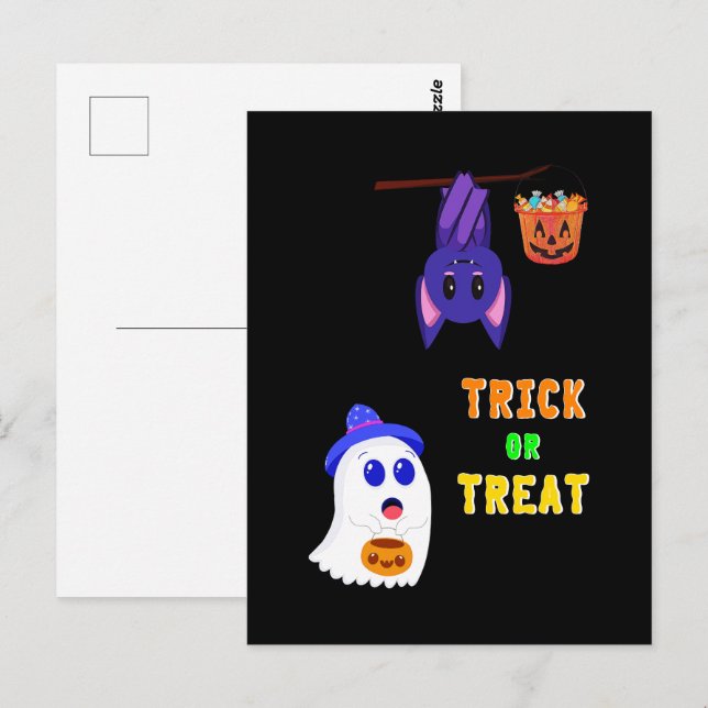 Carte Postale Trick Or Treat chauves-souris bonbons 31 octobre R (Devant / Derrière)