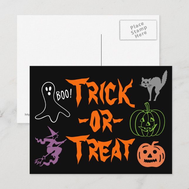 Carte Postale Trick or Treat Halloween Citrouille Ghost Witch (Devant / Derrière)