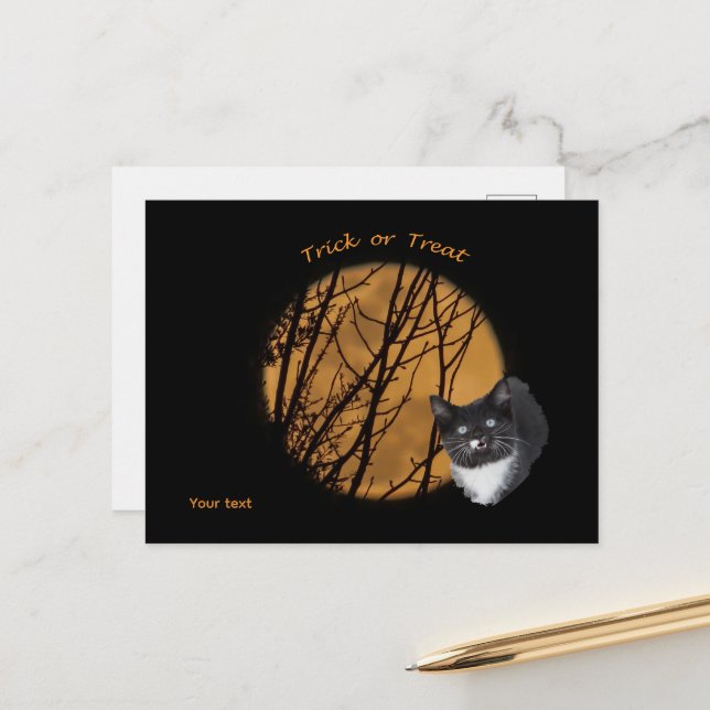 Carte Postale Tricoter ou traiter Halloween chat noir & lune (Devant/Arrière en situation)