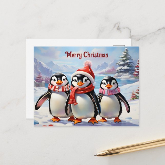 Carte Postale Trio de pingouin de vacances (Devant/Arrière en situation)