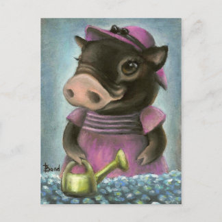 Carte Postale Triona le cochon arrosant ses fleurs