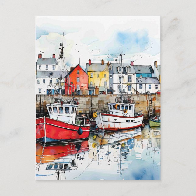 Carte Postale Trois Bateaux Dans Le Port De Pêche (Devant)