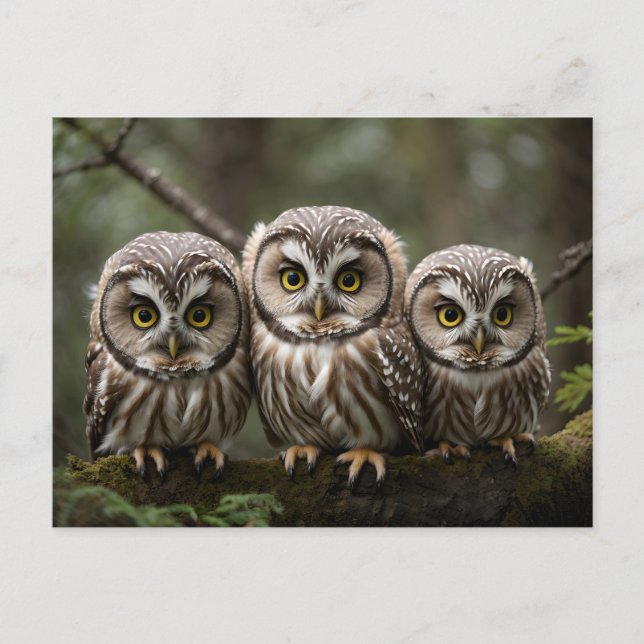 Carte Postale Trois Bébés Chouettes Mignonnes Aux Grands Yeux (Devant)
