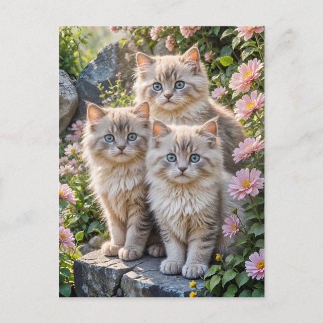Carte Postale Trois chatons bouffants en fleurs roses (Devant)
