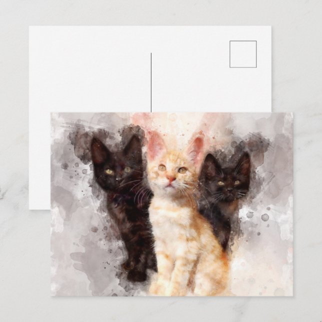 Carte Postale Trois chatons mignonnes et belle aquarelle (Devant / Derrière)