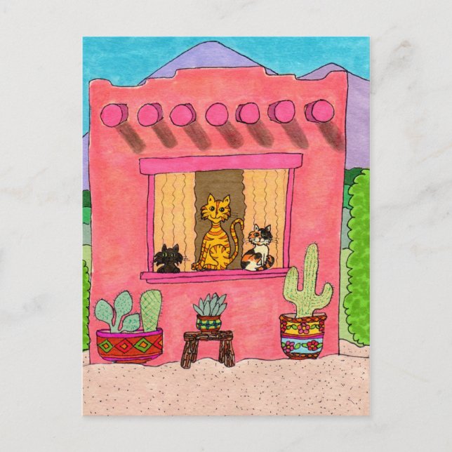 Carte Postale Trois chats dans Adobe House rose (Devant)