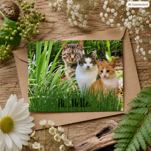 Carte Postale Trois chats Tabby dans le jardin "Bonjour"