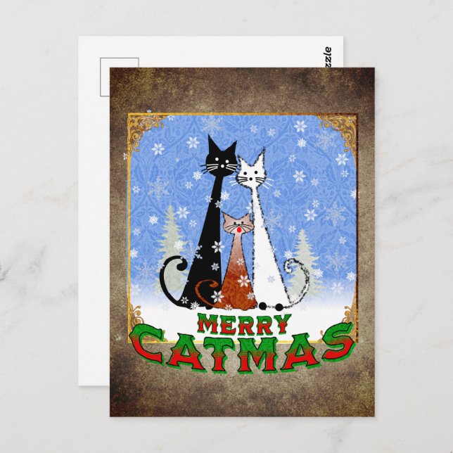 Carte Postale trois chats vous souhaitant "Joyeux Catmas" (Devant / Derrière)