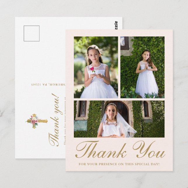Carte Postale Trois Croix Florale Photo Première Communion Blush (Devant / Derrière)