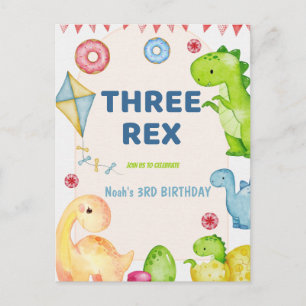 Carte Postale Trois enfants Rex Dinosaur 3e fête d'anniversaire