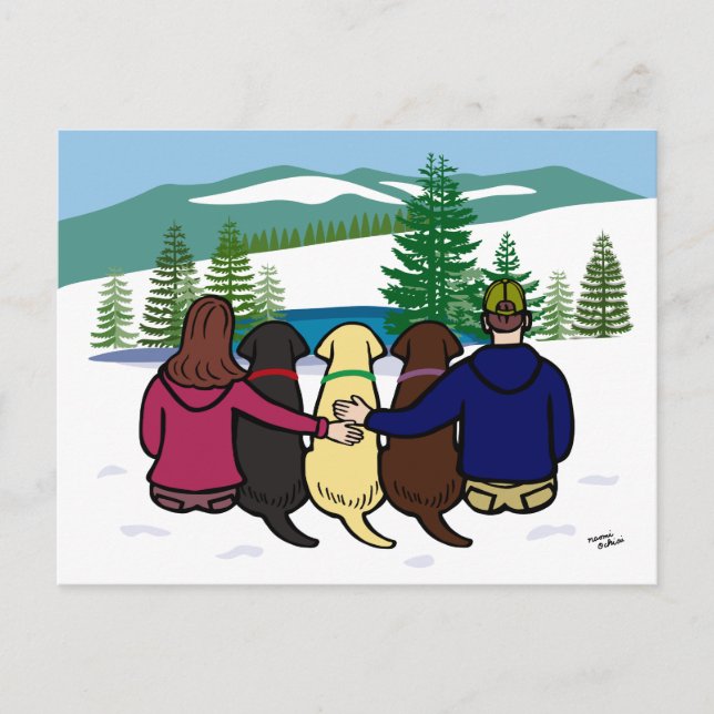 Carte Postale Trois Labradors et parents Vue hivernale Brown (Devant)