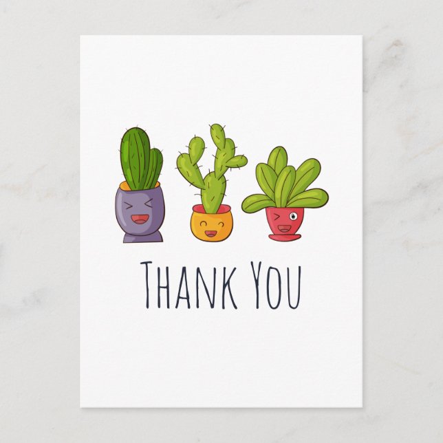 Carte Postale Trois mignons cactus en pots de fleurs Merci amusa (Devant)