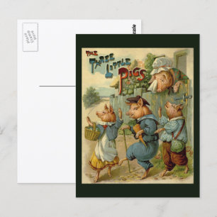 Carte Postale Trois Petits Cochons Conte de Fées Vintage