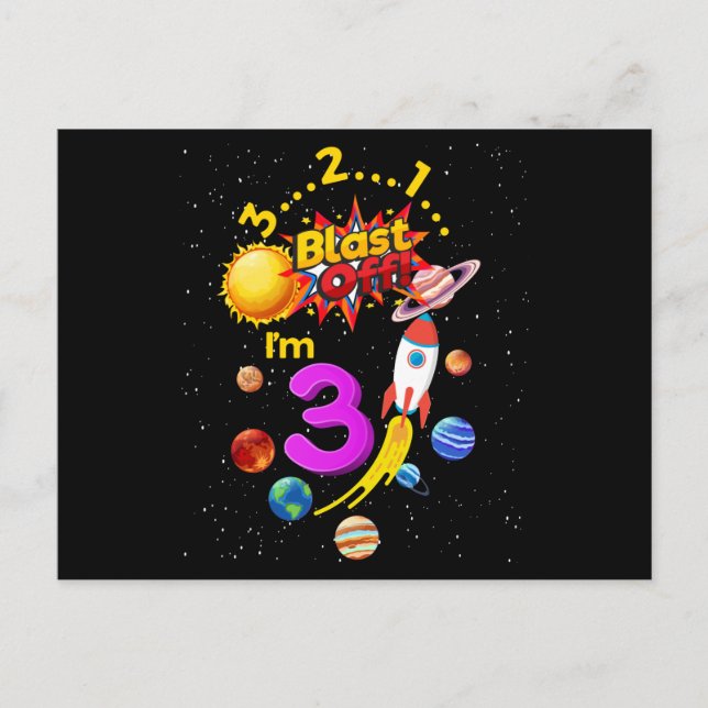 Carte Postale Troisième anniversaire Blast Off 3 Astronaute Fusé (Devant)