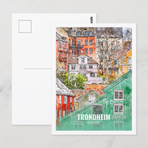 Carte Postale Trondheim Norvège Fameux Voyage Aquarelle Sketch