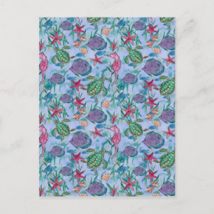 Carte Postale Tropical Fish Seahorse Turtle Ocean Art