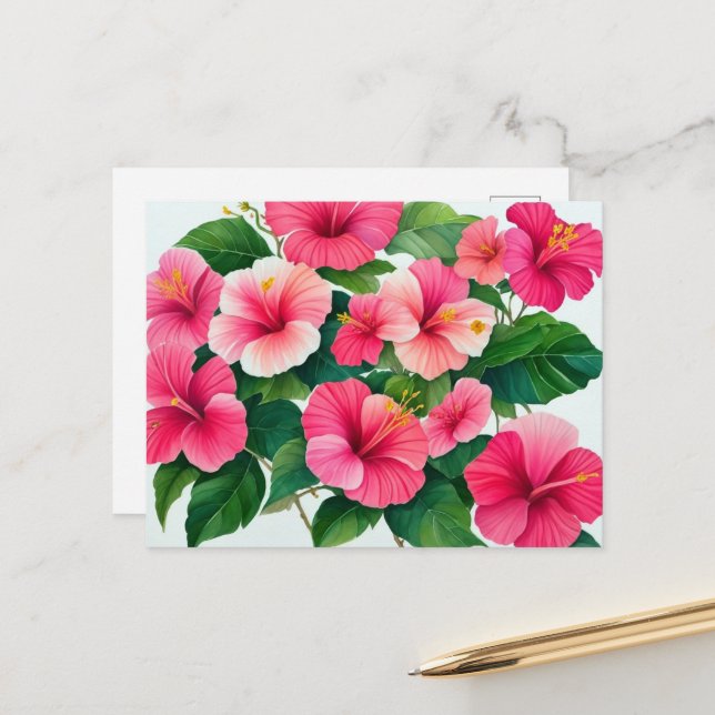 Carte Postale Tropical Hawaï Fleur d'Hibiscus Rose et Blanche (Devant/Arrière en situation)