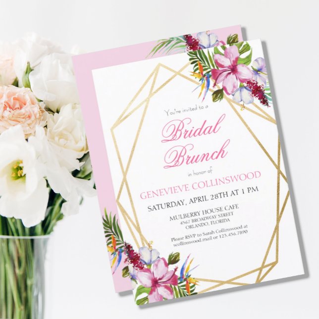 Carte Postale Tropical Rose Floral Or Géométrique Brunch nuptial (Créateur téléchargé)