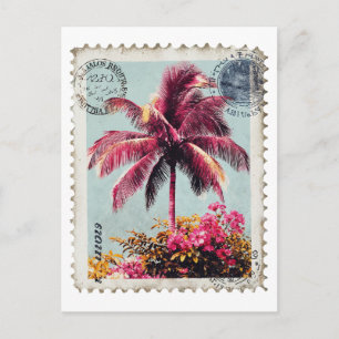 Carte Postale Tropical Rose Palm Timbre Postal Vintage Plage T‑S