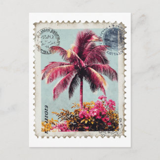 Carte Postale Tropical Rose Palm Timbre Postal Vintage Plage T‑S