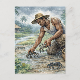 Carte Postale Tropical Village Life: Man Catching Crabs in Rain