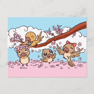 Carte Postale Trouve des oiseaux avec des fleurs de sakura roses