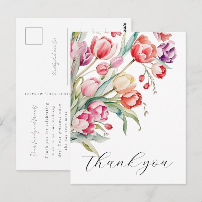 Carte Postale Tulipes à aquarelle en cascade merci (Devant / Derrière)