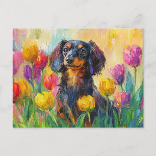 Carte Postale Tulipes colorées Dachshund mignonne Peinture
