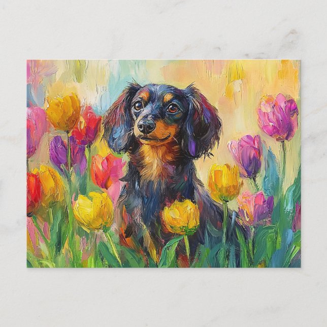 Carte Postale Tulipes colorées Dachshund mignonne Peinture (Devant)