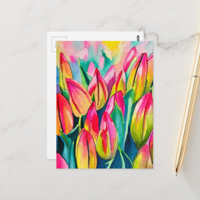 Carte Postale Tulipes d'art à l'aquarelle rose (Devant/Arrière en situation)