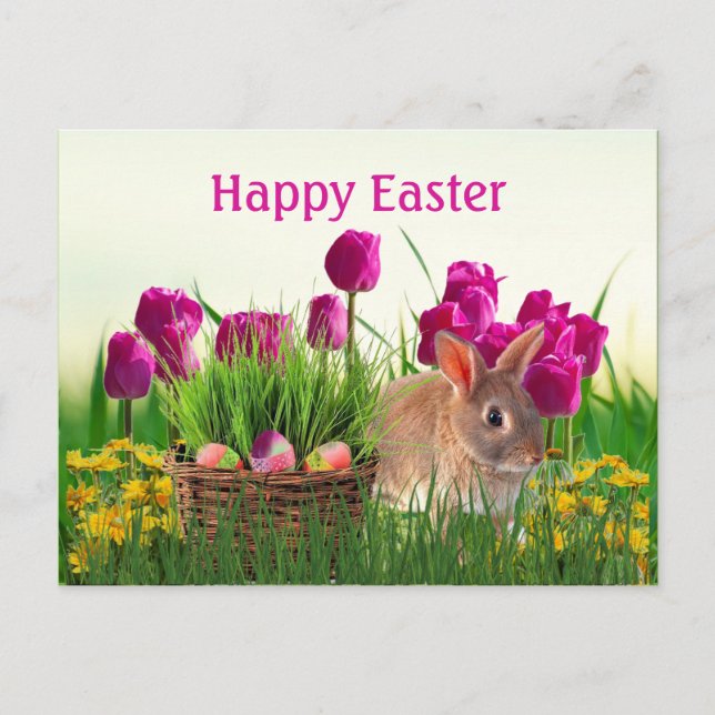 Carte Postale Tulipes roses et vacances de lapin de Pâques (Devant)