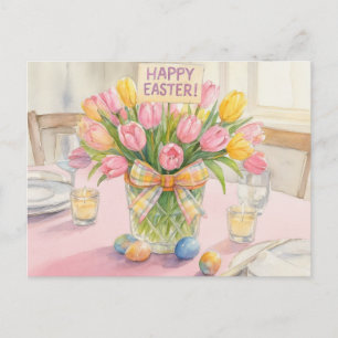 Carte Postale Tulipes roses Joyeuses Pâques 