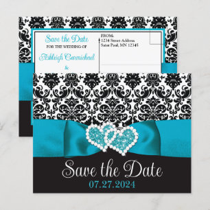 Carte Postale Turquoise, Black Damask Love Hearts Enregistrer la