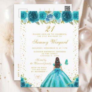 Carte Postale Turquoise Floral Brunette Hair Princesse Anniversa