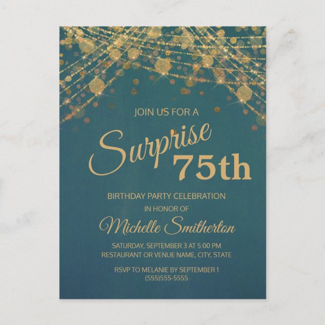 Carte Postale Turquoise Gold String Lights Surprise 75e annivers (Devant)