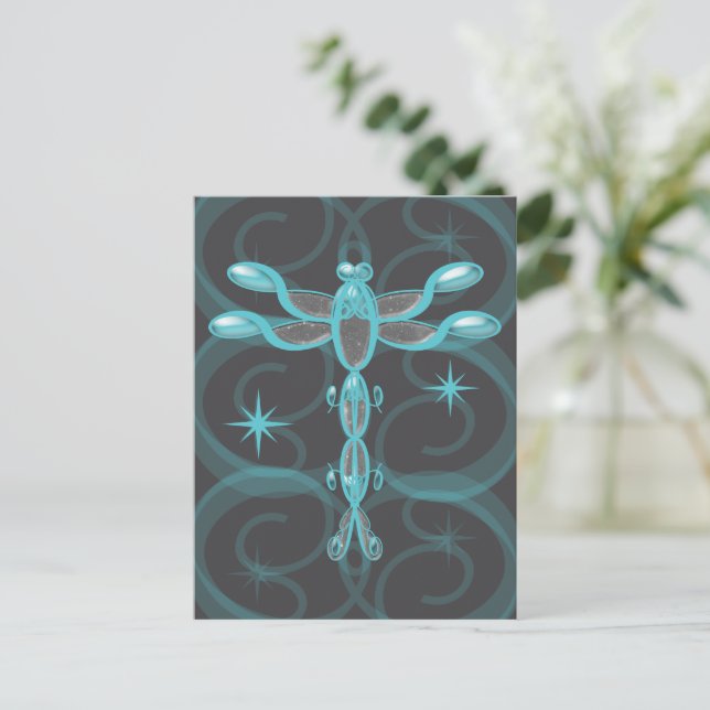 Carte Postale Turquoise, Gris, Dragonfly en verre avec étoiles (Debout devant)