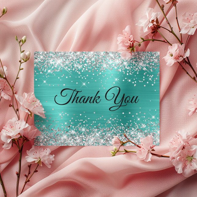 Carte Postale Turquoise Pailleté Argent Remerciement 75e Anniver (Silver Glitter Turquoise 75th Birthday Thank You Postcard)