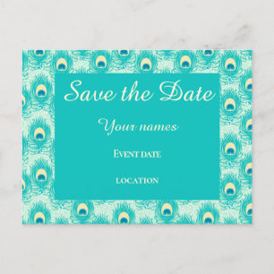 Carte Postale Turquoise plume de paon enregistrer la date