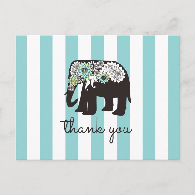 Carte Postale Turquoise rayure éléphant paisley Merci (Devant)