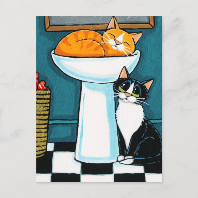 Carte Postale Tux et Tabby Cats dans l'évier de salle de bain Il (Devant)