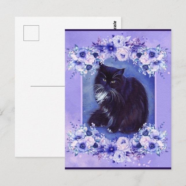 Carte Postale Tuxedo art de chat noir et blanc par Renee Lavoie (Devant / Derrière)