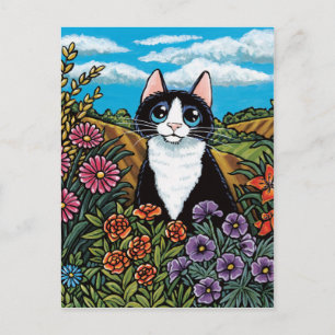 Carte Postale Tuxedo Chat dans un champ de fleurs