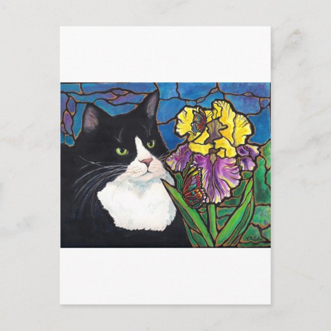 Carte Postale Tuxedo Chat Iris Fleur Papillon Tiré (Devant)