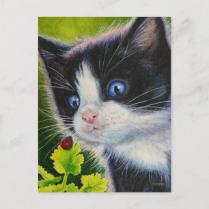 Carte Postale Tuxedo Kitten & Ladybug Watercolor Art